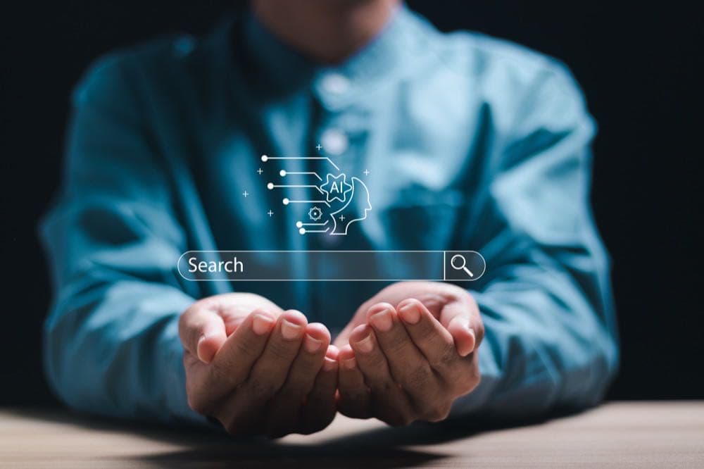 Businessman using an AI-powered search engine bar, representing generative engine optimization