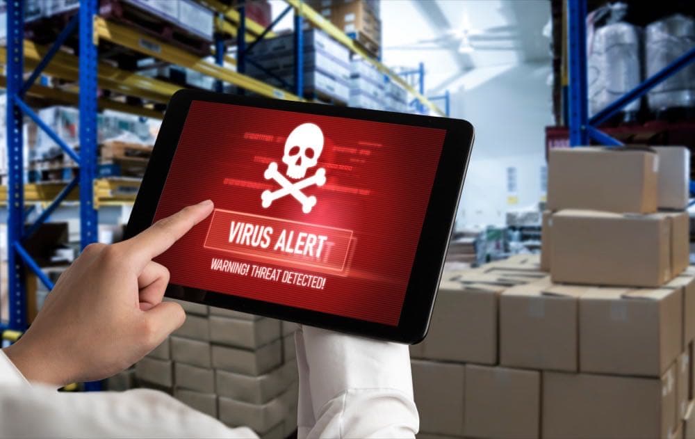 Virus warning alert on computer screen representing a ransomware attack