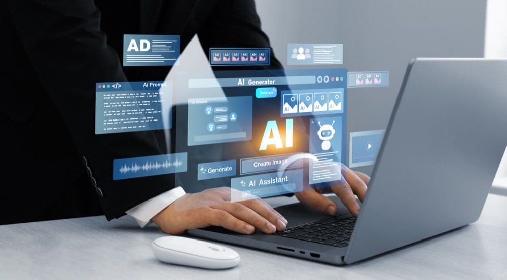 Person using a laptop with an AI content generator, representing SEO professionals adopting AI tools