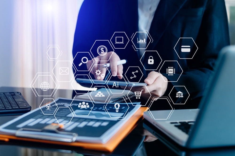 Developer working with a dashboard of overlapping software tool icons representing tool sprawl