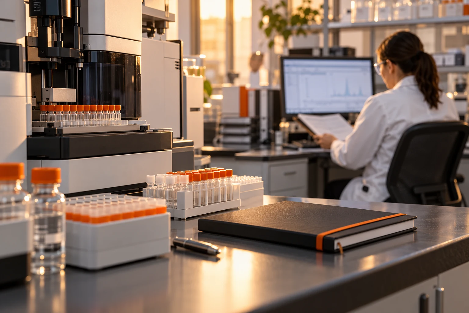 Conceptual editorial laboratory scene with sample racks, a scientific instrument and a quality specialist reviewing records.