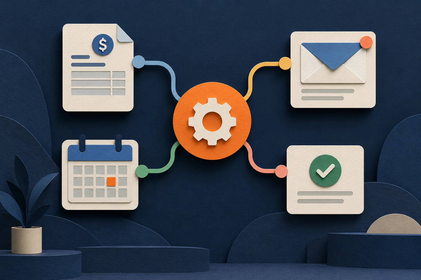 Conceptual automation hub connecting business workflow cards.