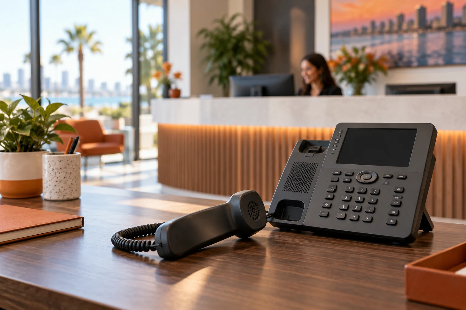 Conceptual editorial desk phone with a lifted handset near a softly blurred reception counter.