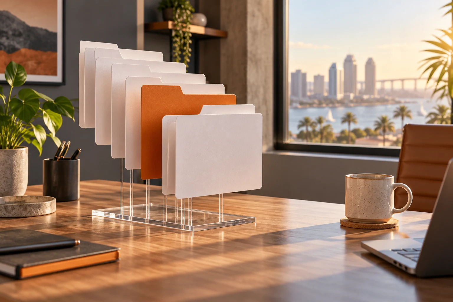 Conceptual white file-folder sculptures suspended above a desk with one orange file sleeve.