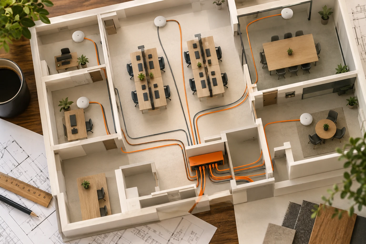Conceptual overhead office floor model with physical cords linking workstations and wireless access points.
