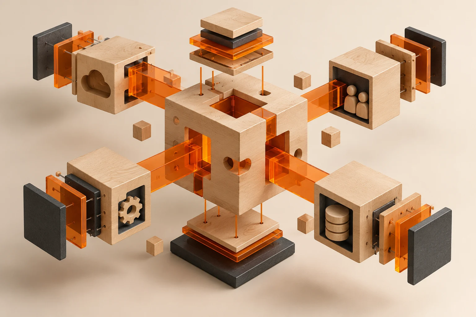 Conceptual interlocking wooden modules connected by orange acrylic bridges to illustrate software integration.