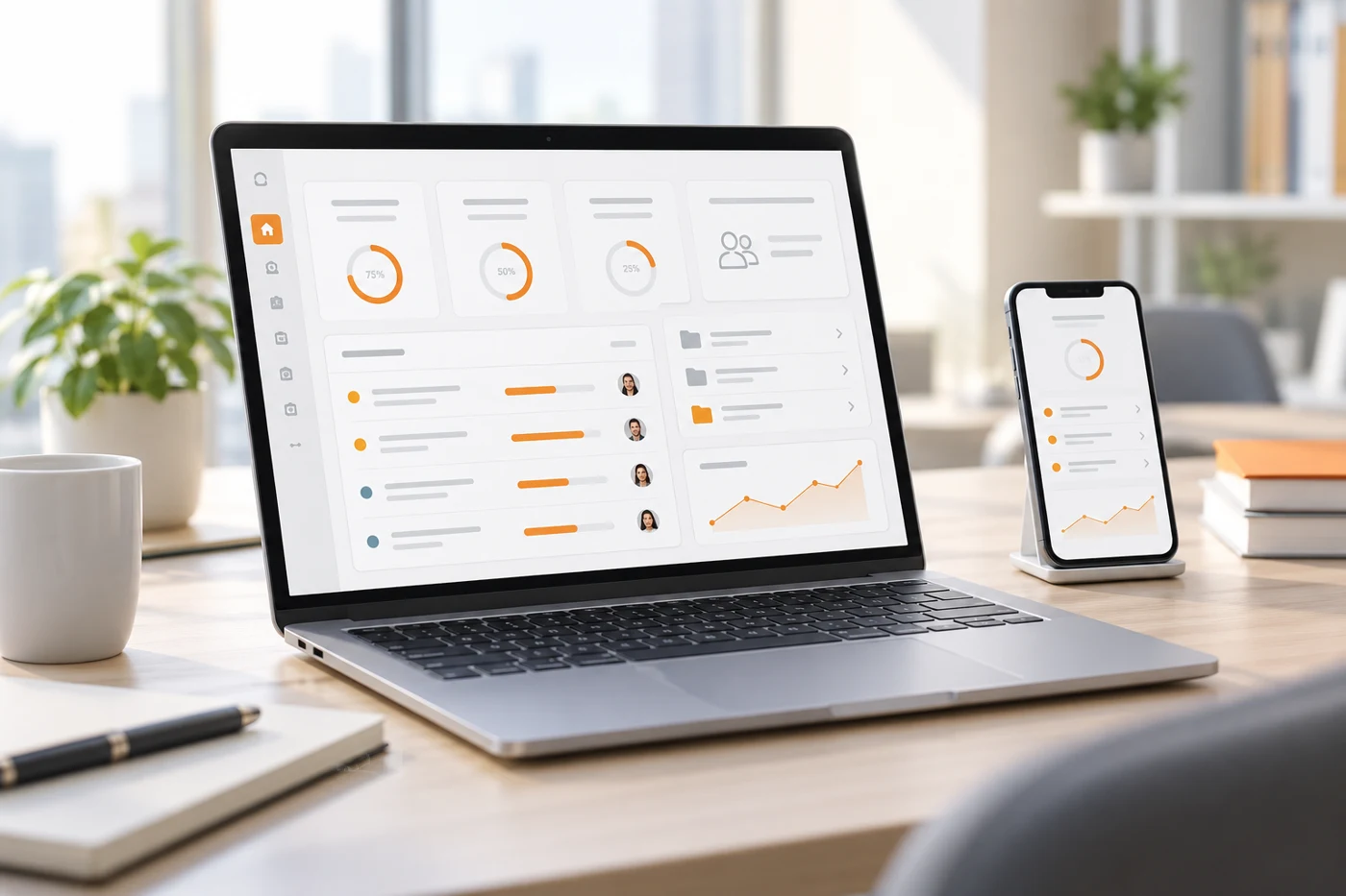 Illustrative customer portal dashboard on a laptop and smartphone.