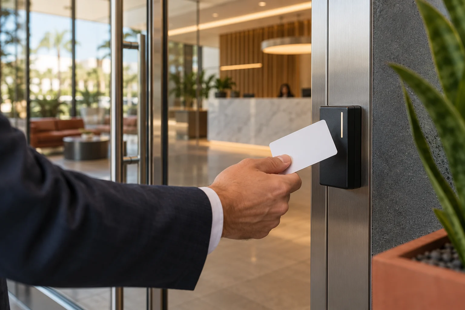Conceptual close-up of an unbranded access card presented to a reader beside a modern glass office entrance.