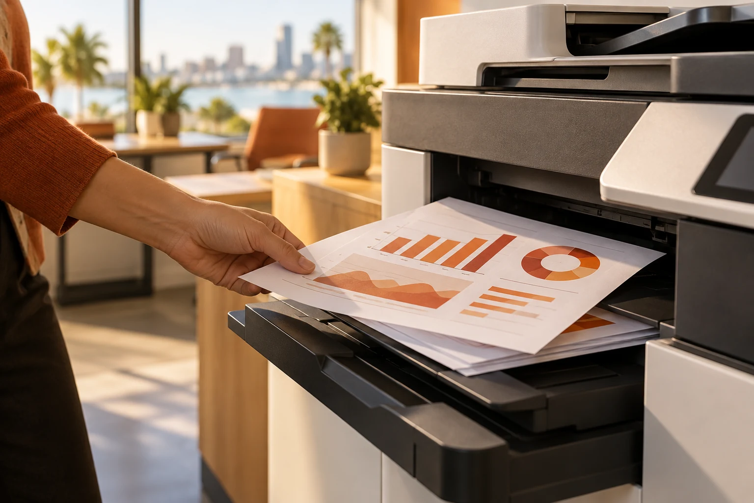 Conceptual editorial multifunction printer output tray with abstract charts and a hand collecting pages.