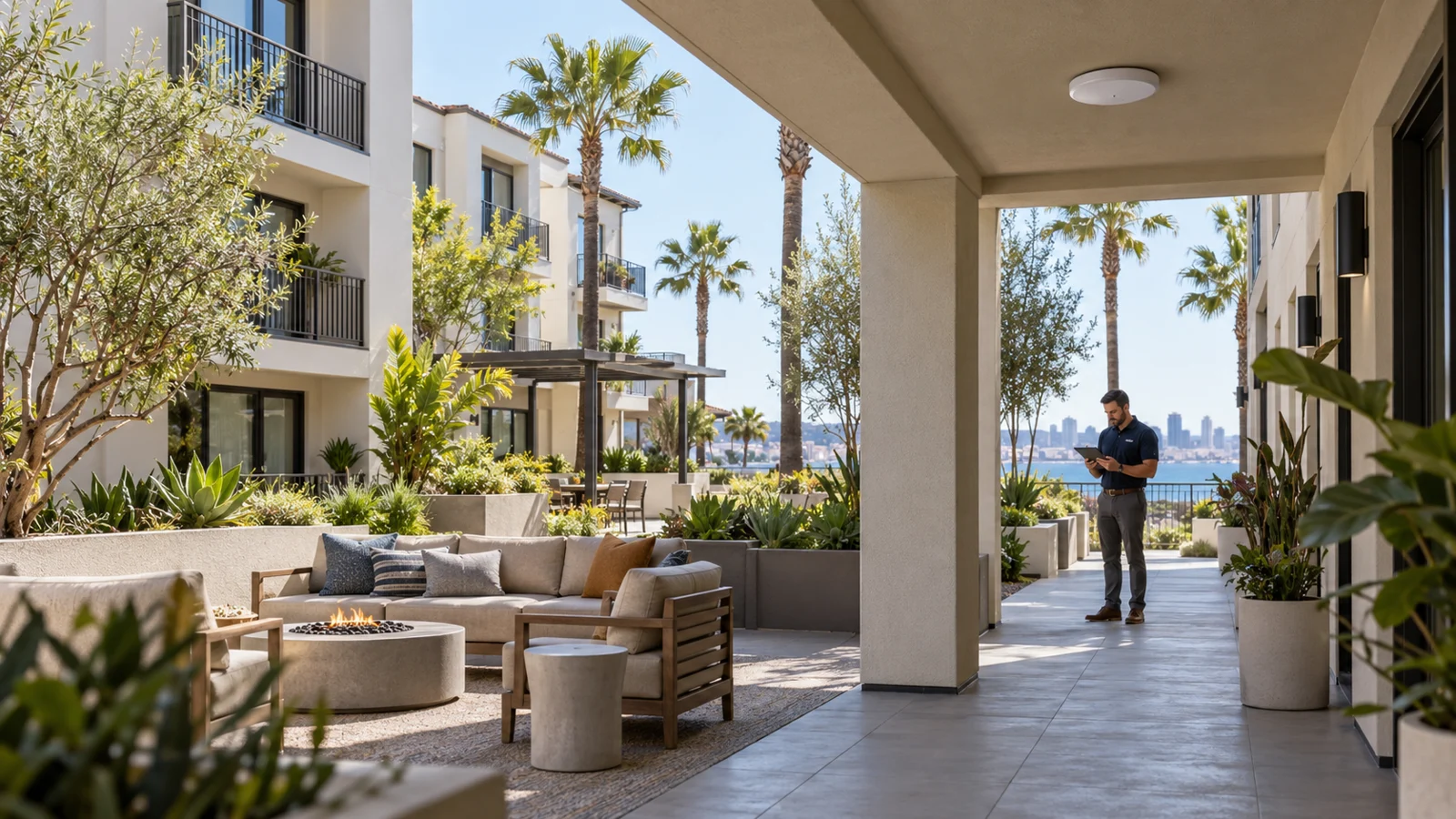 Conceptual view of a Southern California apartment courtyard with a discreet access point and a property manager using a tablet.