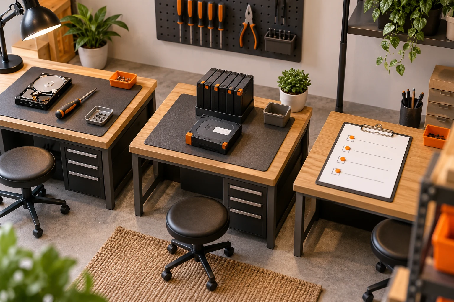 Conceptual miniature maintenance workshop with separate support, backup and workstation upkeep stations.