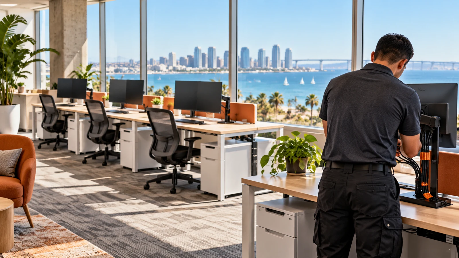 Conceptual editorial scene of a technician arranging monitor cables in a bright office with workstations ready for setup.