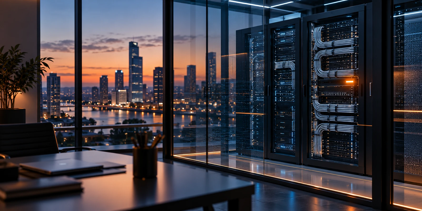 Conceptual editorial view of server cabinets behind glass in an office at dusk, with an orange equipment light.