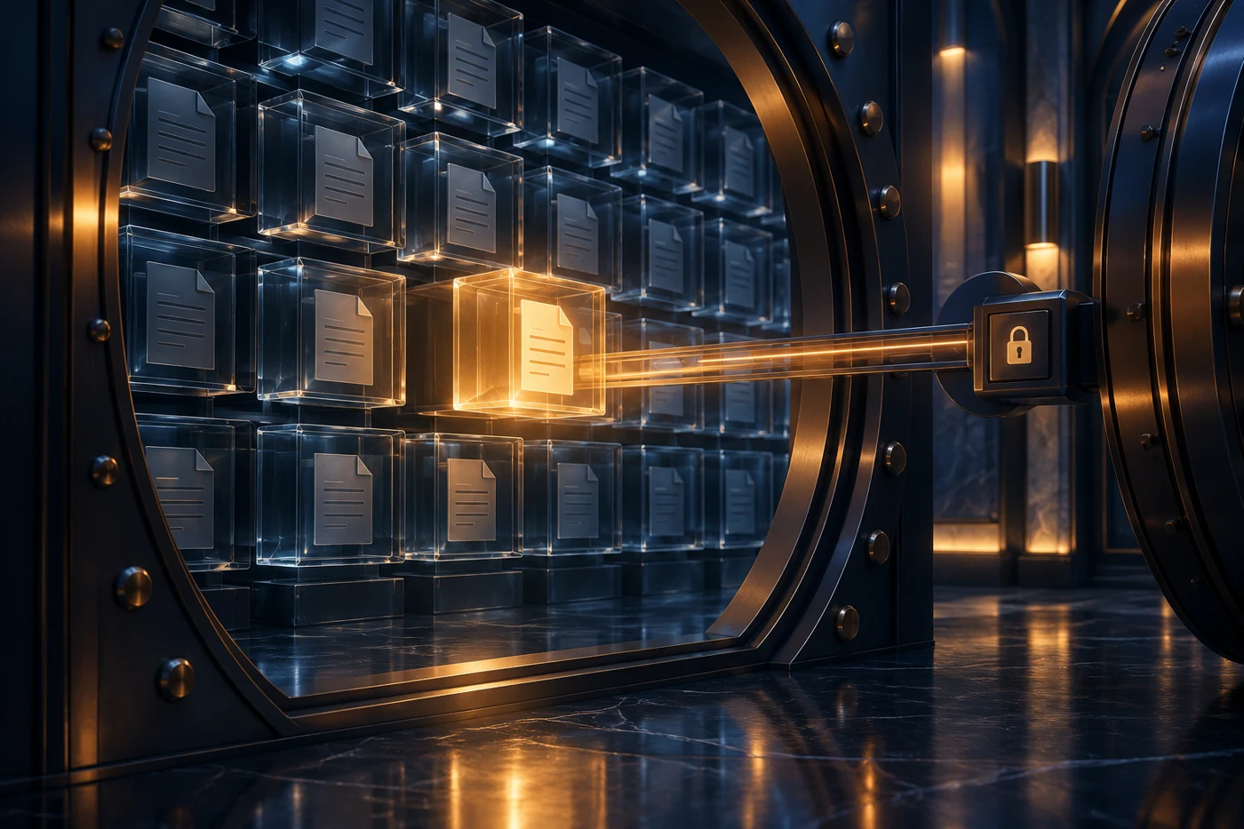 Conceptual secure document archive with an illuminated retrieved document.