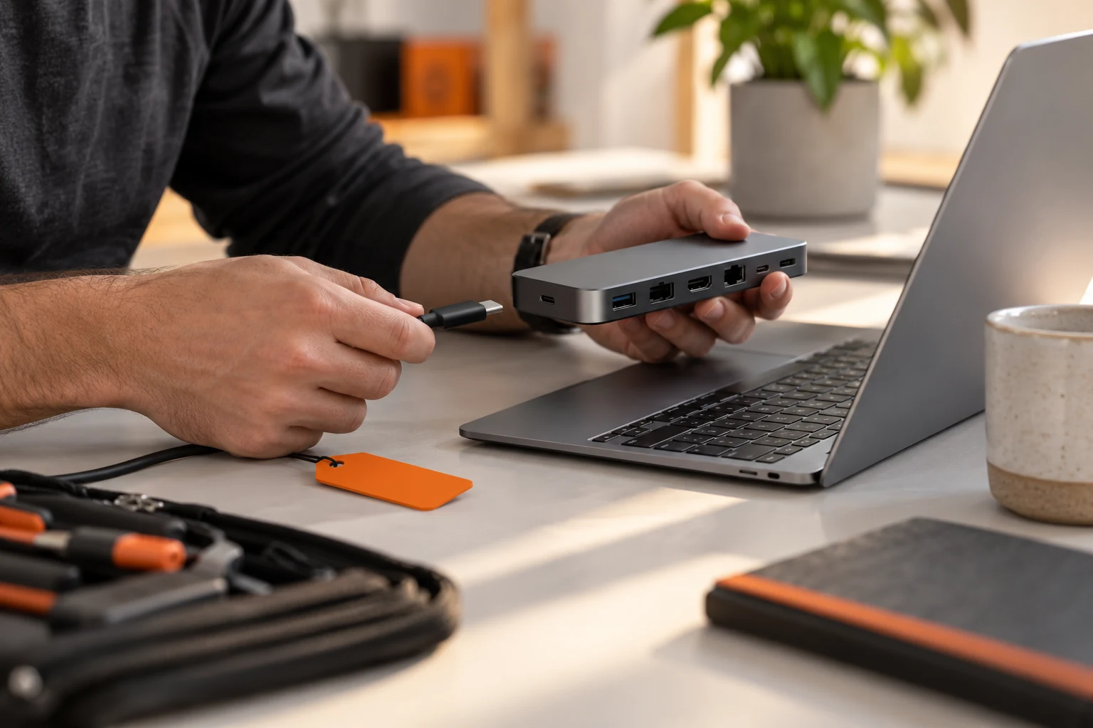 Conceptual editorial close-up of a technician checking a laptop docking station and cable.