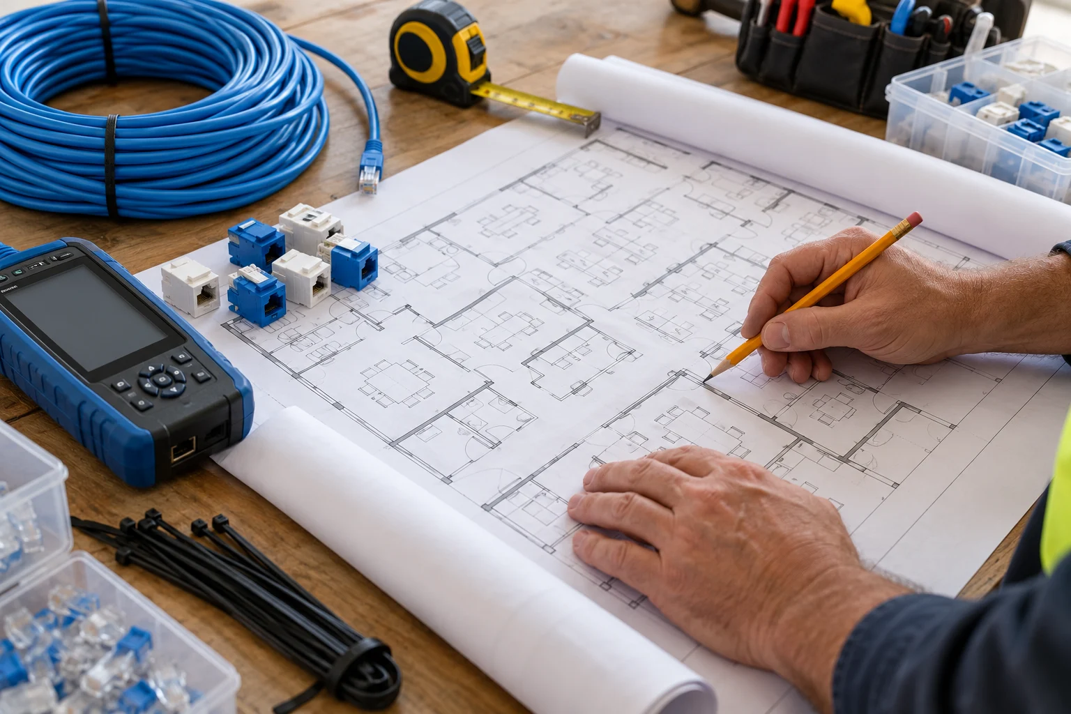 Conceptual overhead workbench scene with a cable coil, keystone jacks, a tester and an office floor plan used for project estimating.