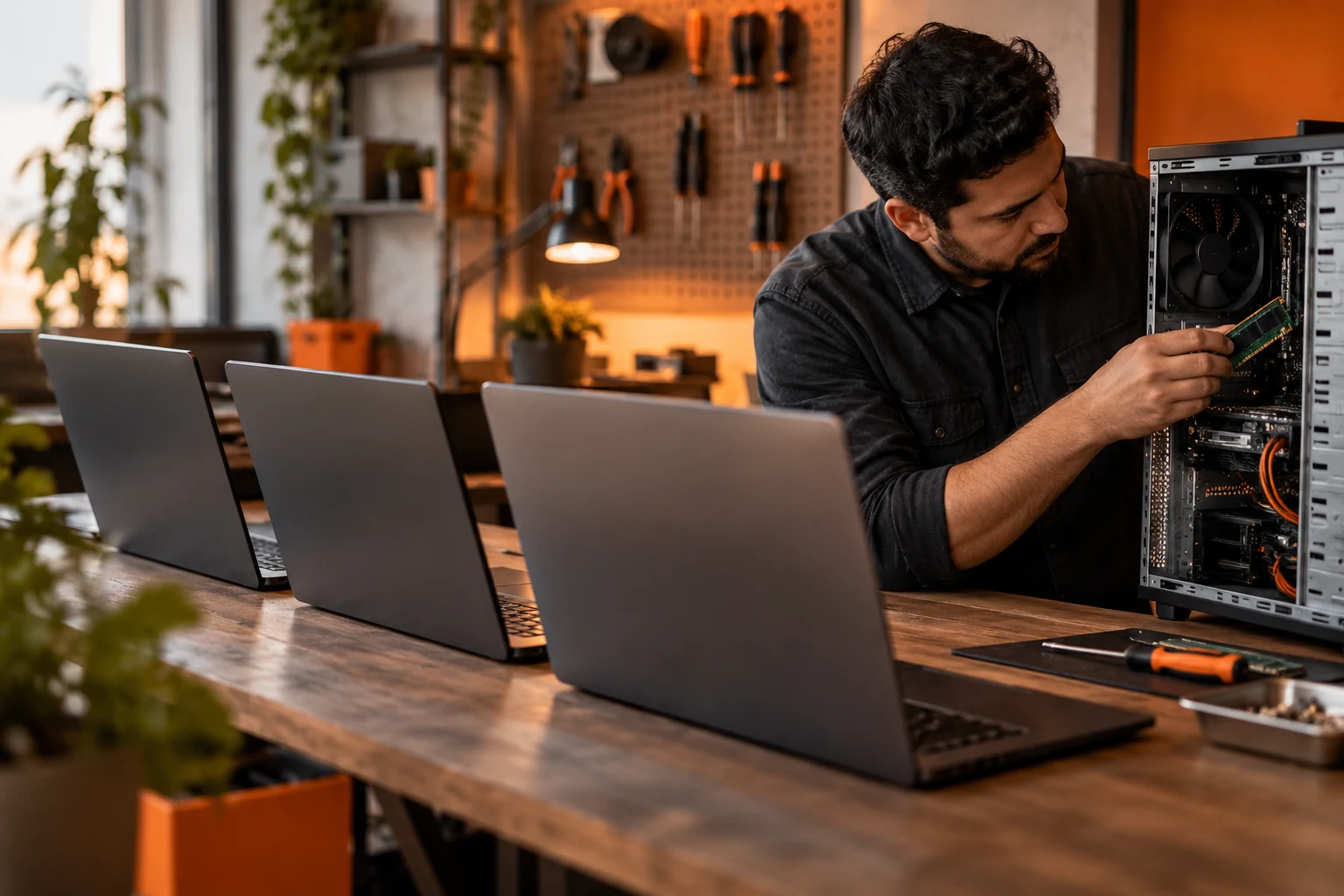 Conceptual row of laptops viewed from the rear beside a technician servicing an open desktop chassis.