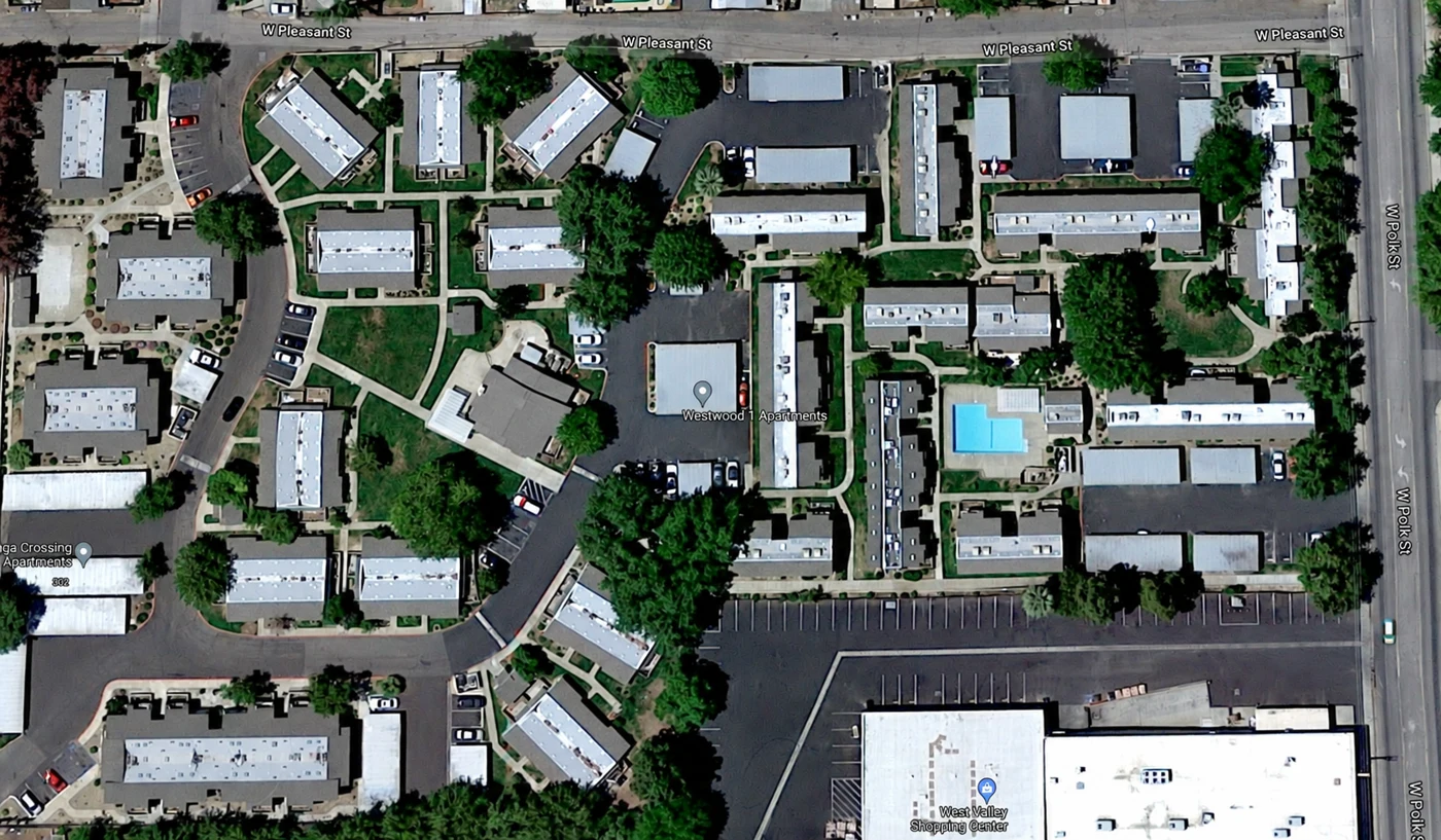 Westwood Apartments aerial image with technical annotations removed