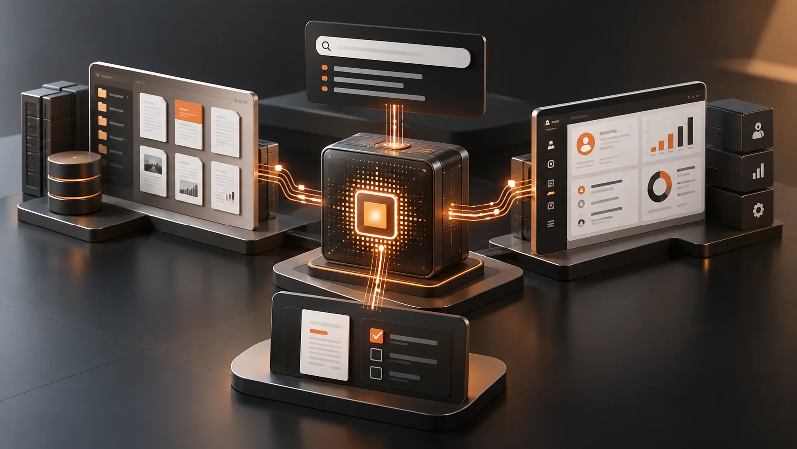 Illustration of an AI module connected to documents, search, business systems and a human-review step