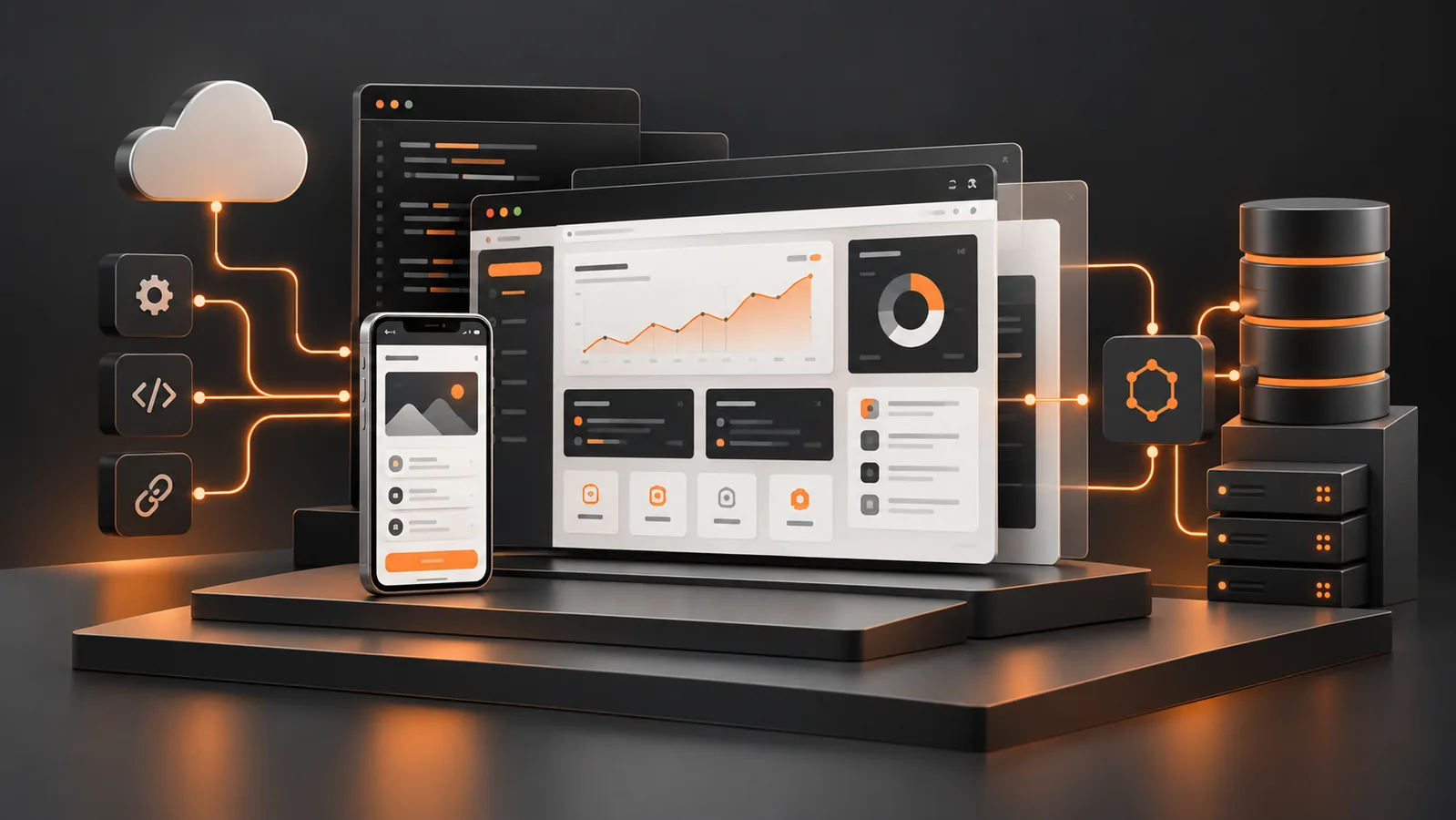 Illustration of connected web, mobile, API and database layers in a custom business application