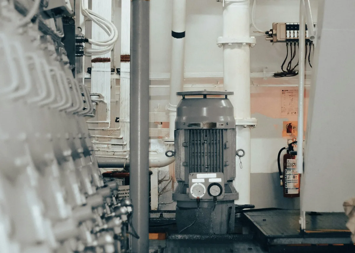 Industrial machinery, pipes, and a motor inside a plant room.