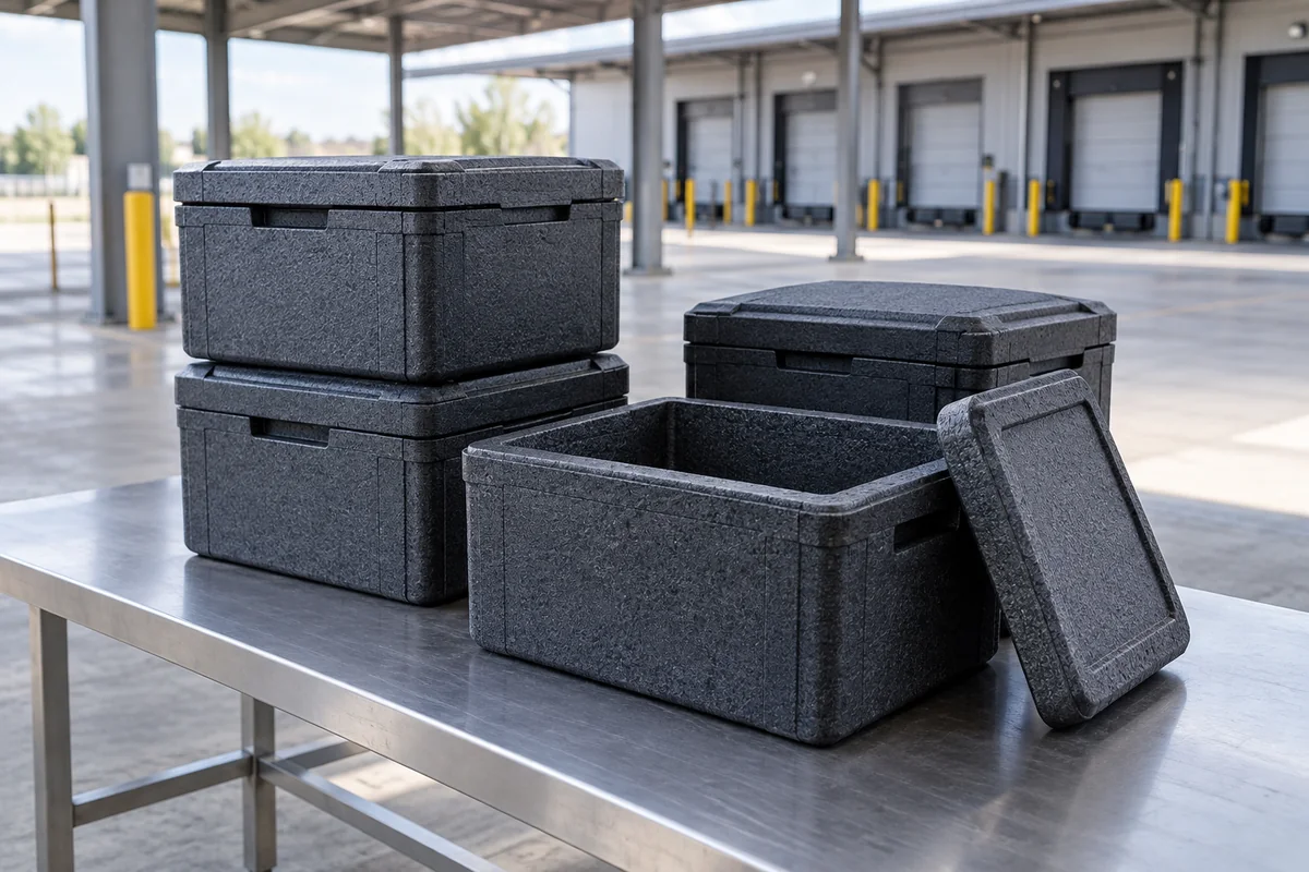 AI-generated conceptual scene of reusable insulated transport boxes, including an open box, on an inspection table at a covered depot.