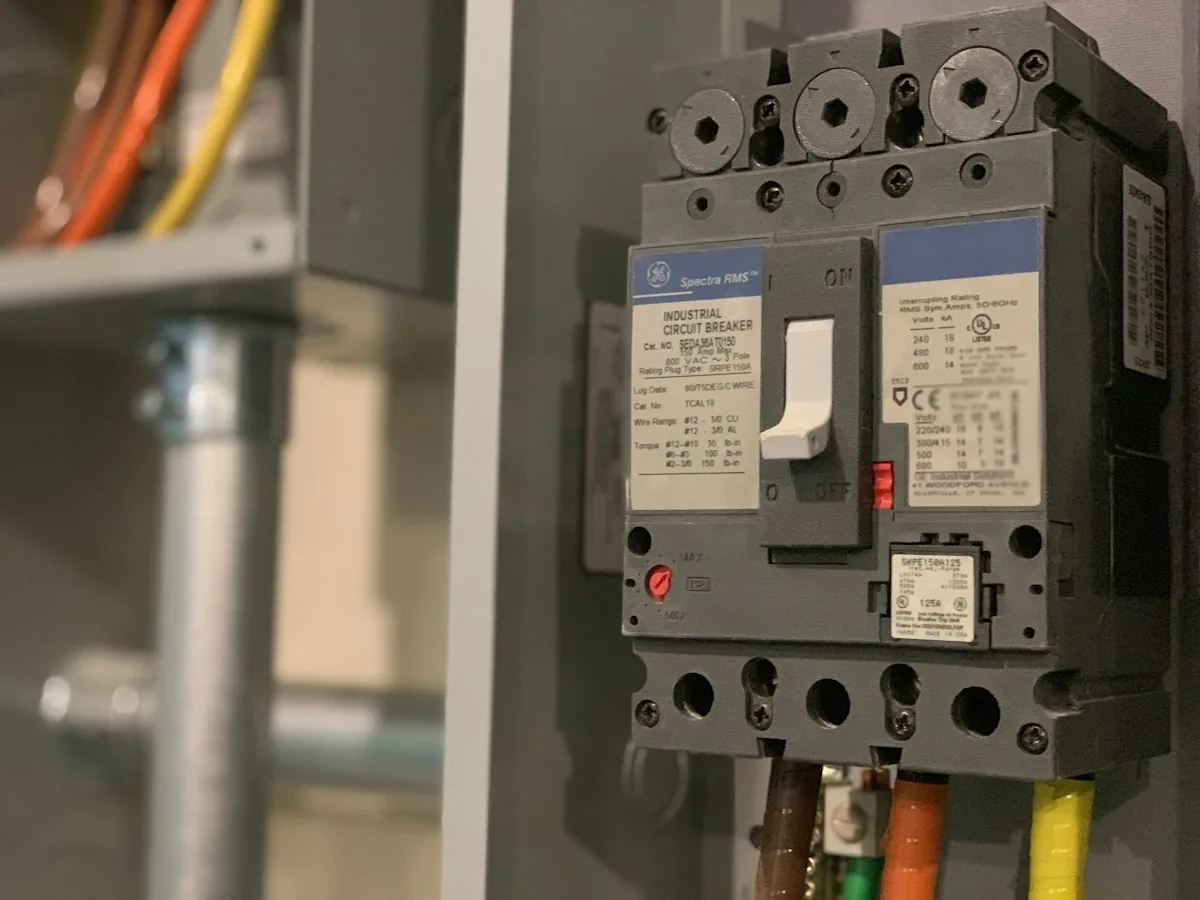 Circuit breaker and insulated power cables inside an electrical cabinet.