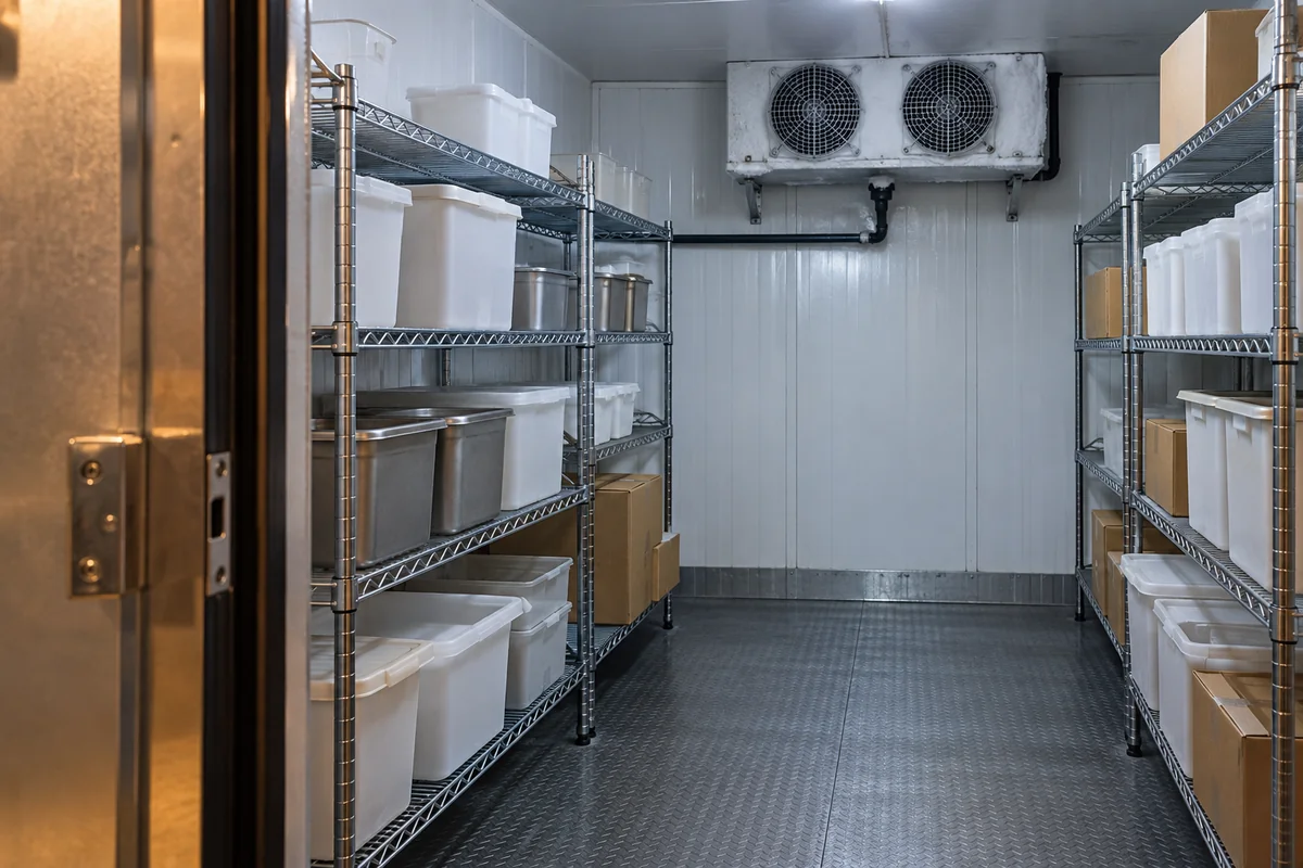 AI-generated conceptual restaurant walk-in freezer with wire shelving, closed containers and a rear evaporator unit.