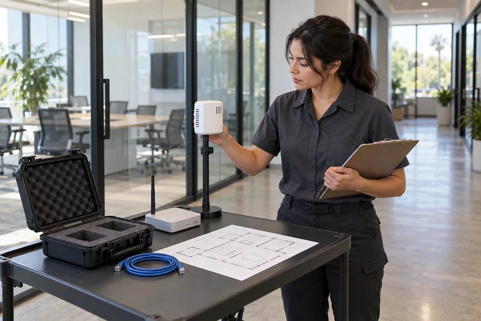 Conceptual scene of a technician assessing a temporary environmental sensor and gateway in an office.