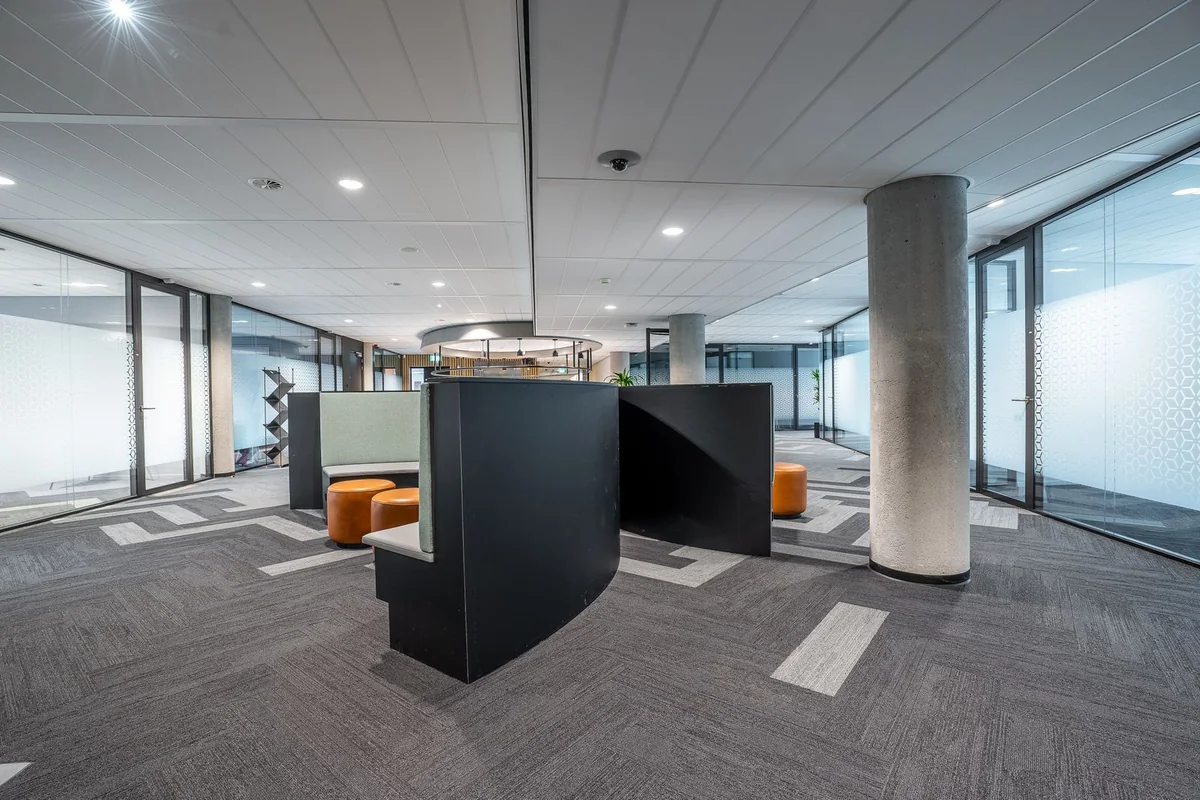 An open office interior with large windows, structural columns and dark freestanding partitions.