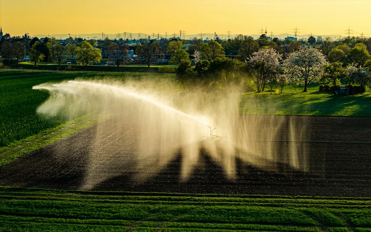 A large sprinkler waters an agricultural field in low evening sunlight.