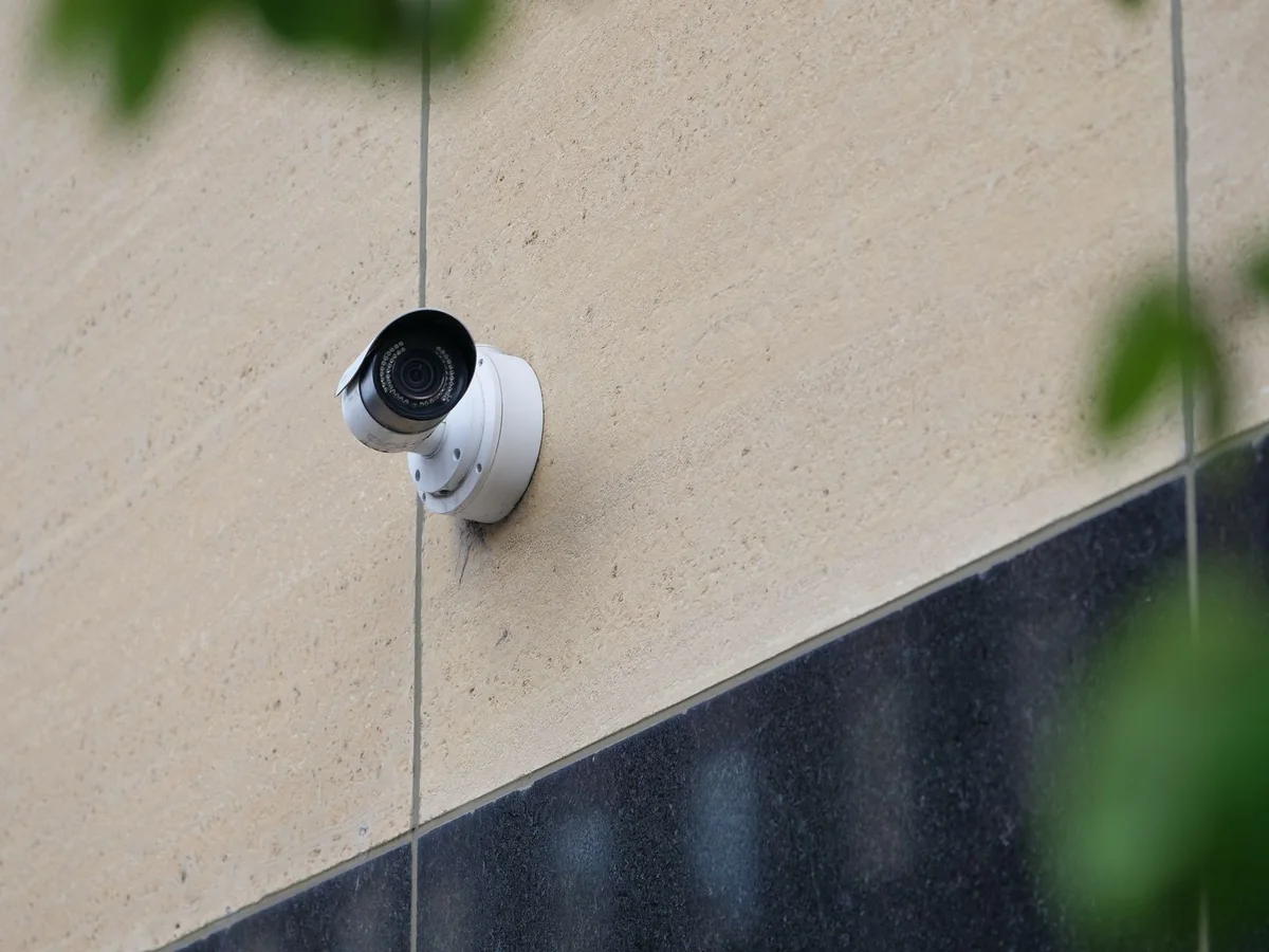 Compact surveillance camera on a pale exterior wall with leaves in the foreground.