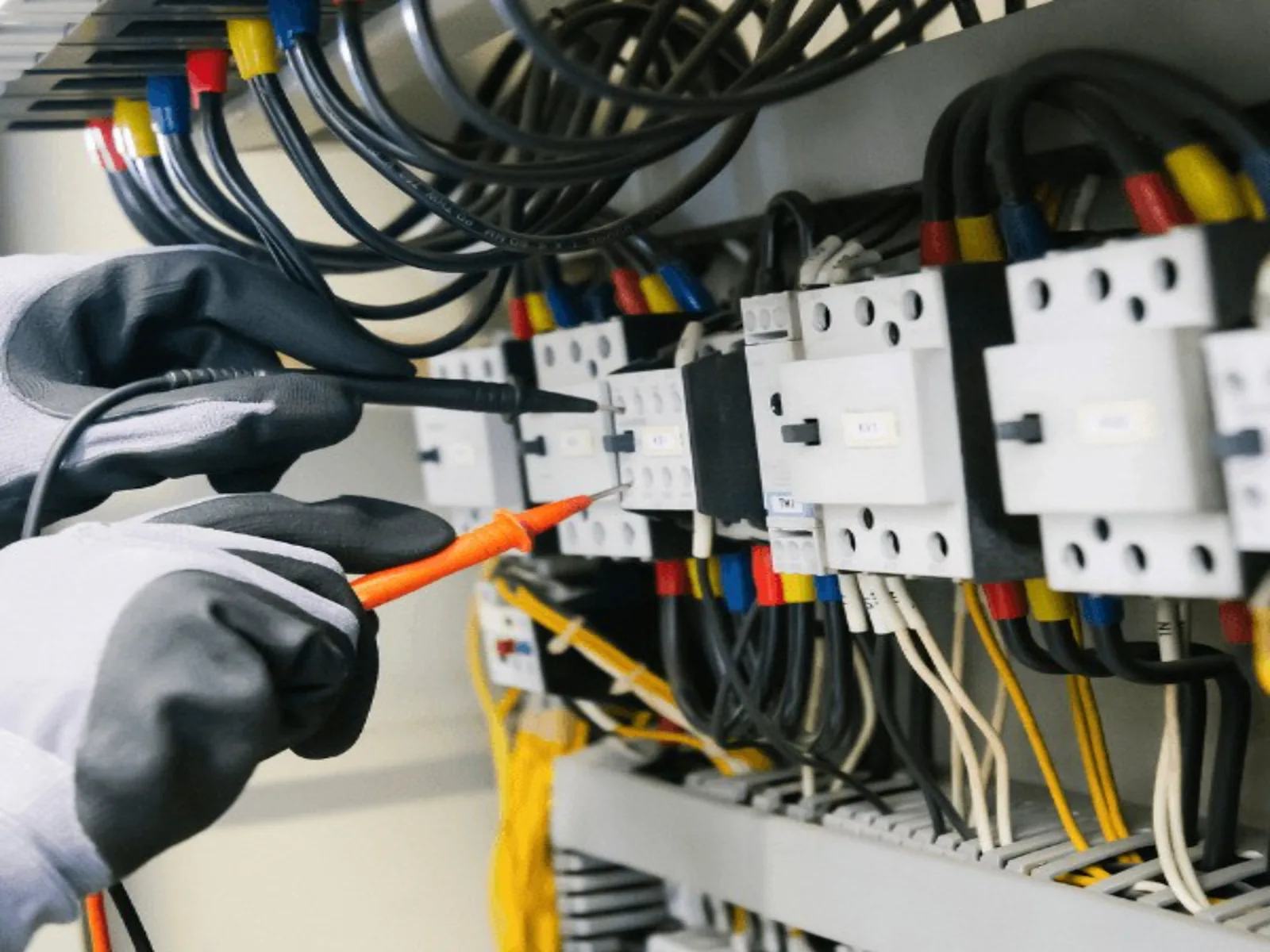 Gloved hands placing electrical test probes against connections inside a control cabinet.