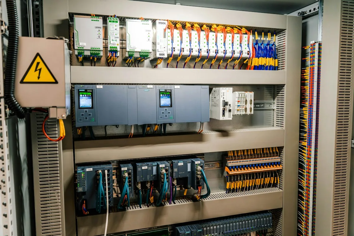 Open industrial control cabinet containing power supplies, wiring and terminal blocks.