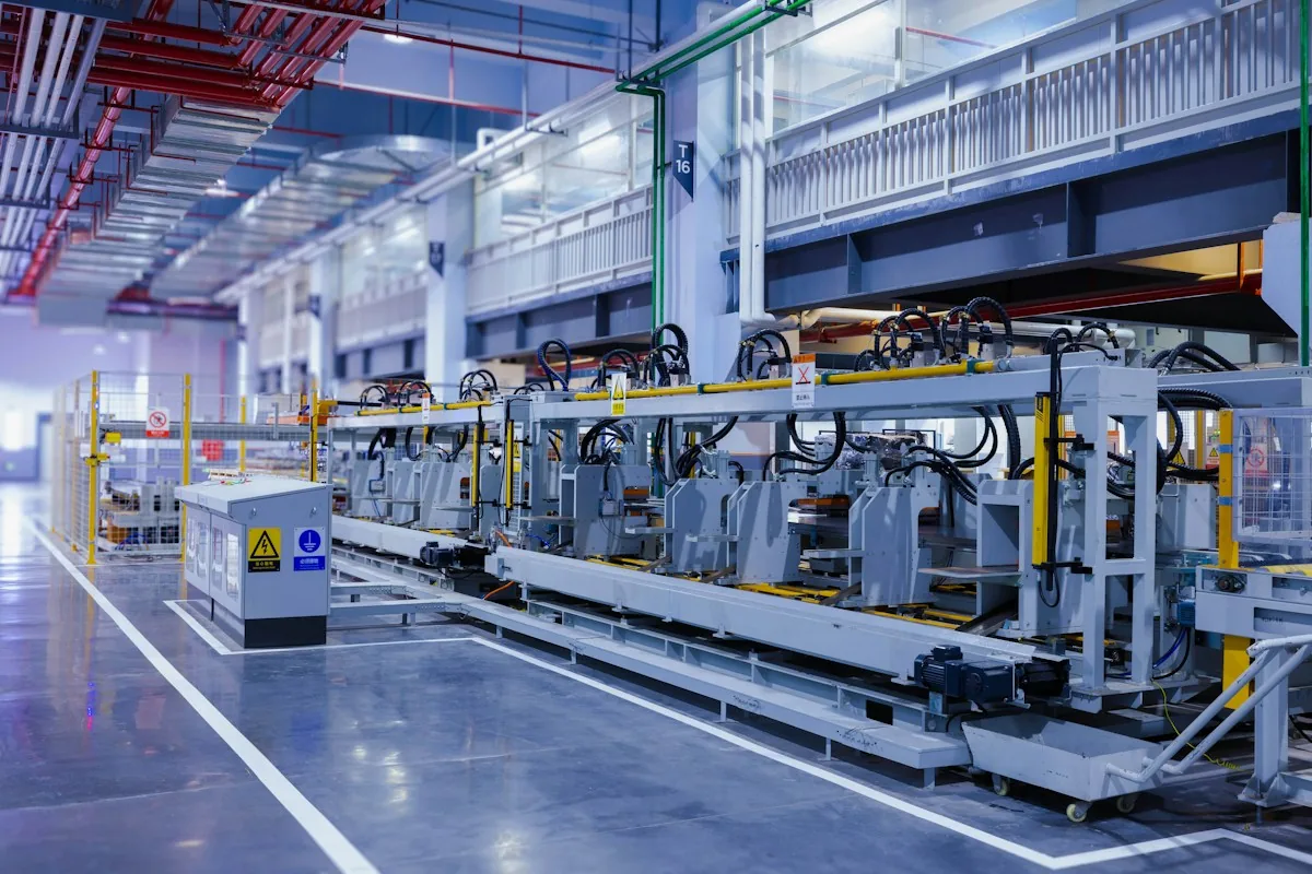 Long automated metal-forming production line inside a brightly lit factory.