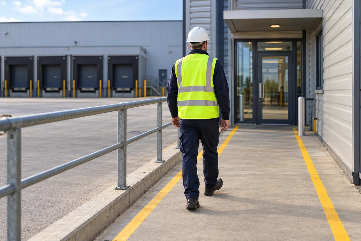 AI-generated conceptual scene of a worker in a high-visibility vest and hard hat walking along a marked, barrier-separated warehouse pedestrian route.