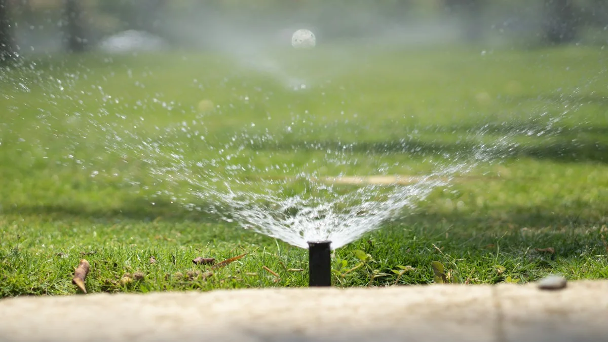 A pop-up sprinkler sprays water over lawn beside a paved path.