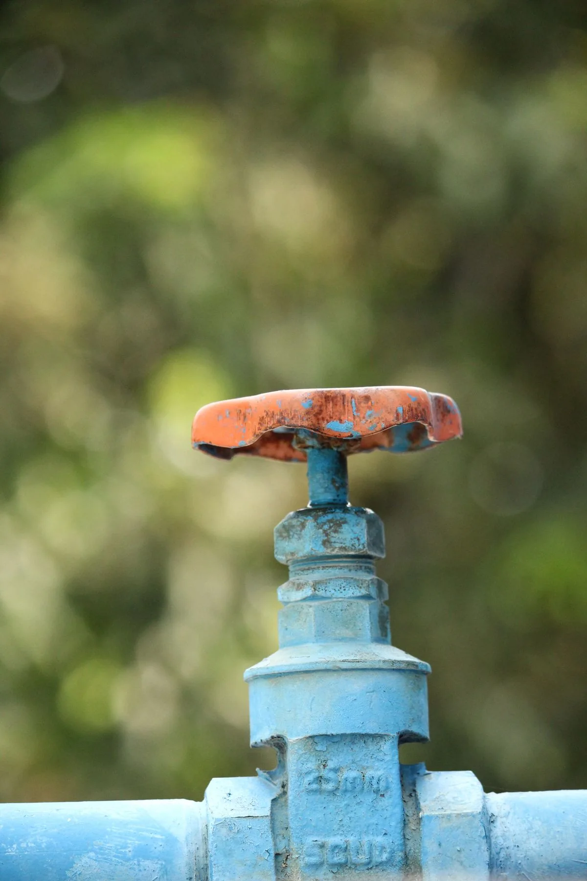 An outdoor water valve with a rust-colored handle above blue pipework.