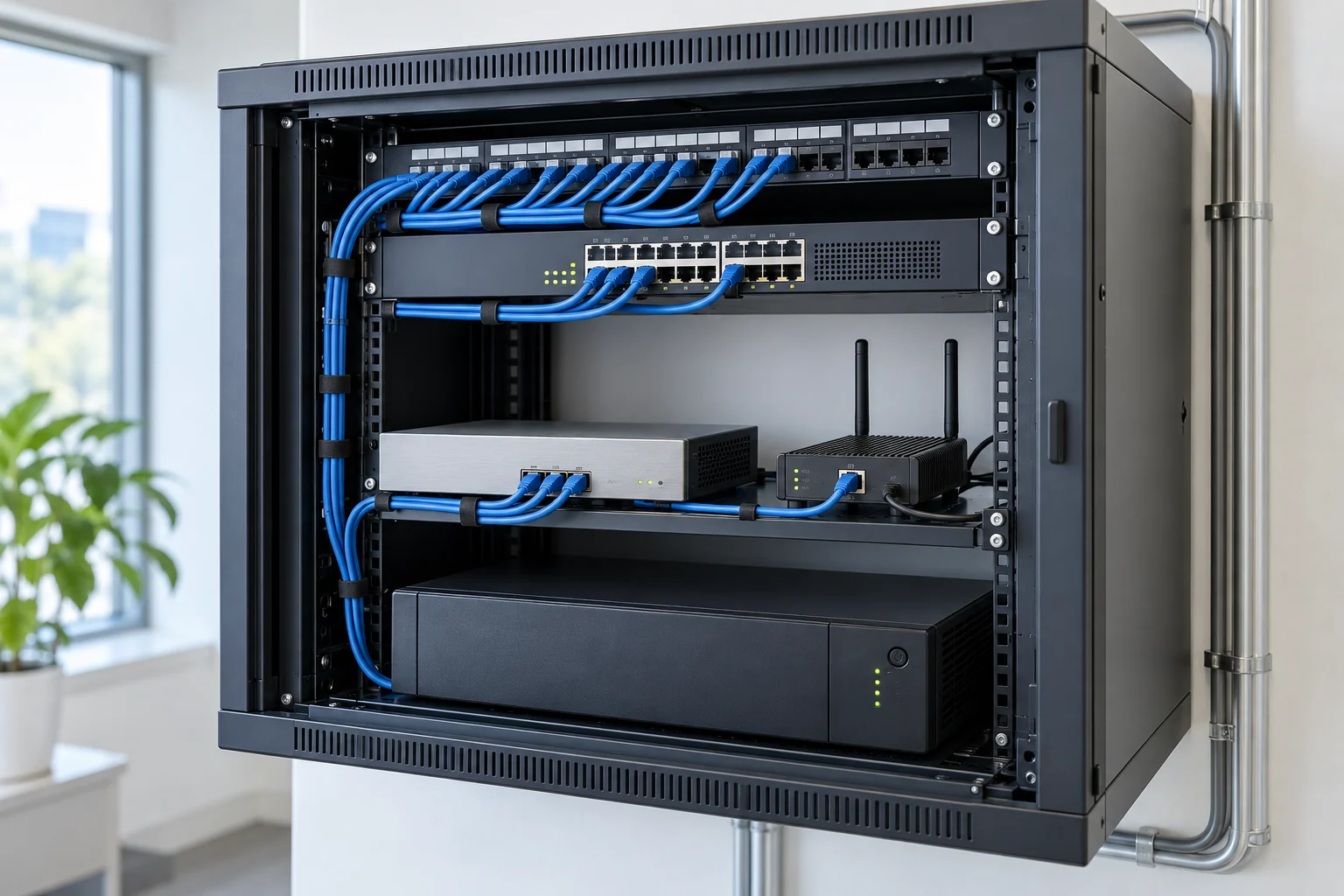 Conceptual illustration of a business network cabinet with wired routing equipment, a cellular gateway and a backup power unit.