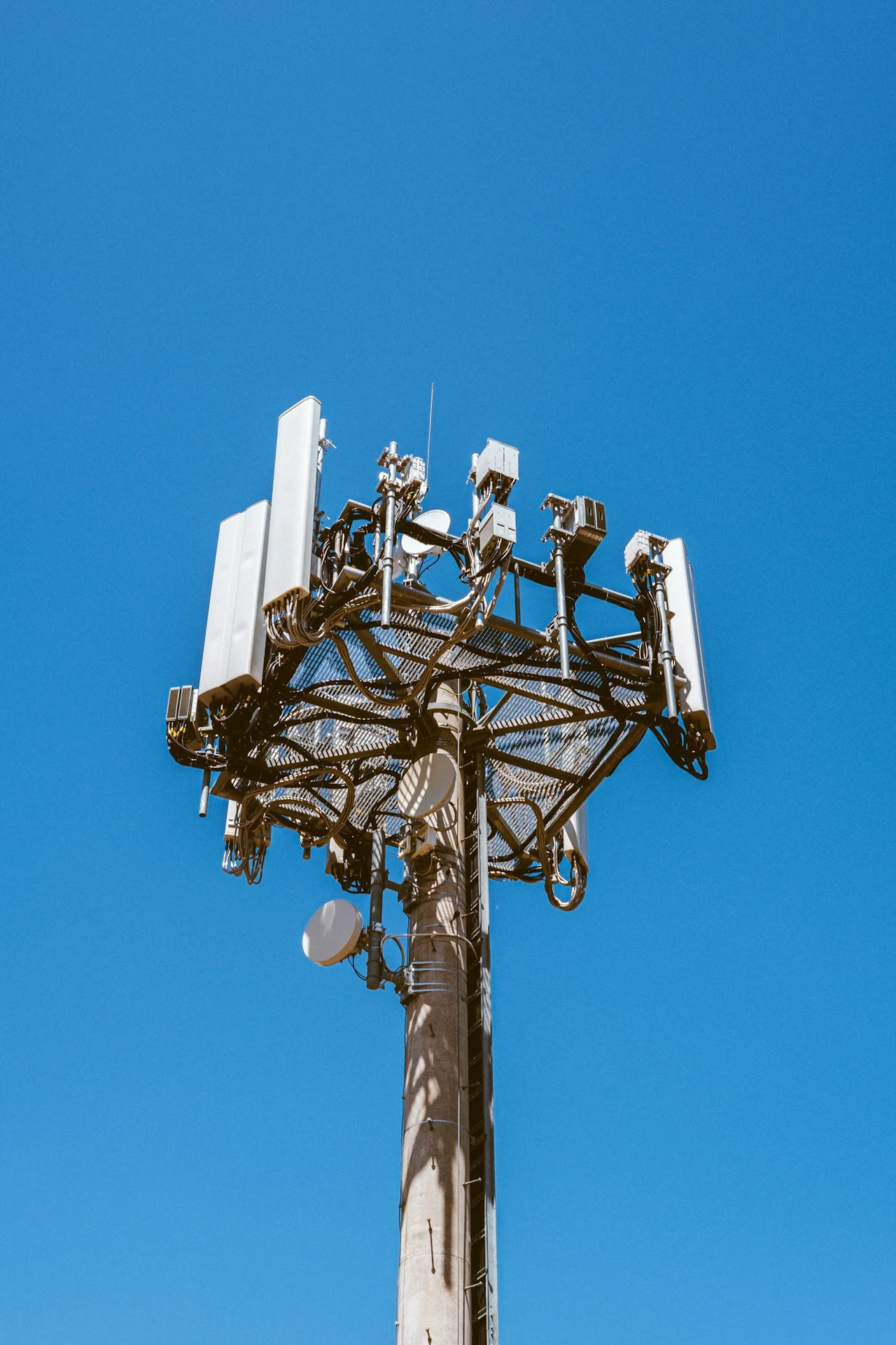 Cellular panel antennas, cables and dishes mounted on a telecommunications mast.