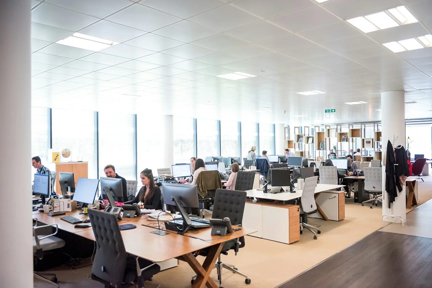 Staff using desktop computers in a bright open-plan office.