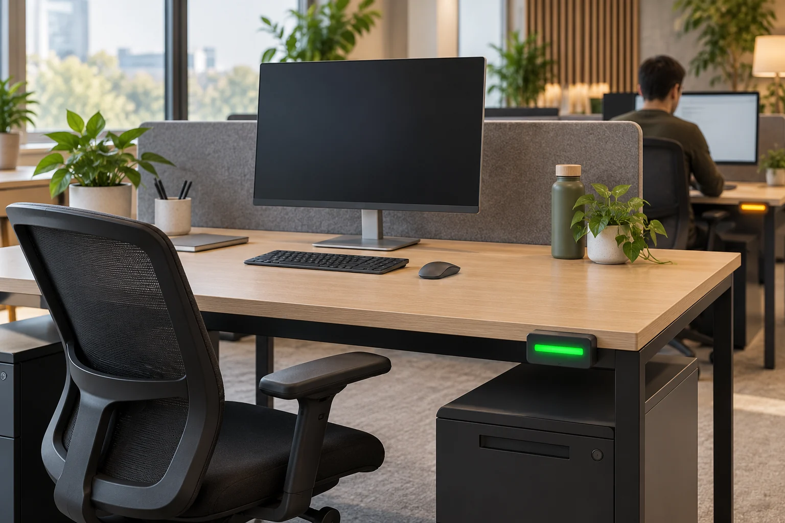 Conceptual illustration of a vacant office desk with a green availability indicator and an occupied desk in the background.