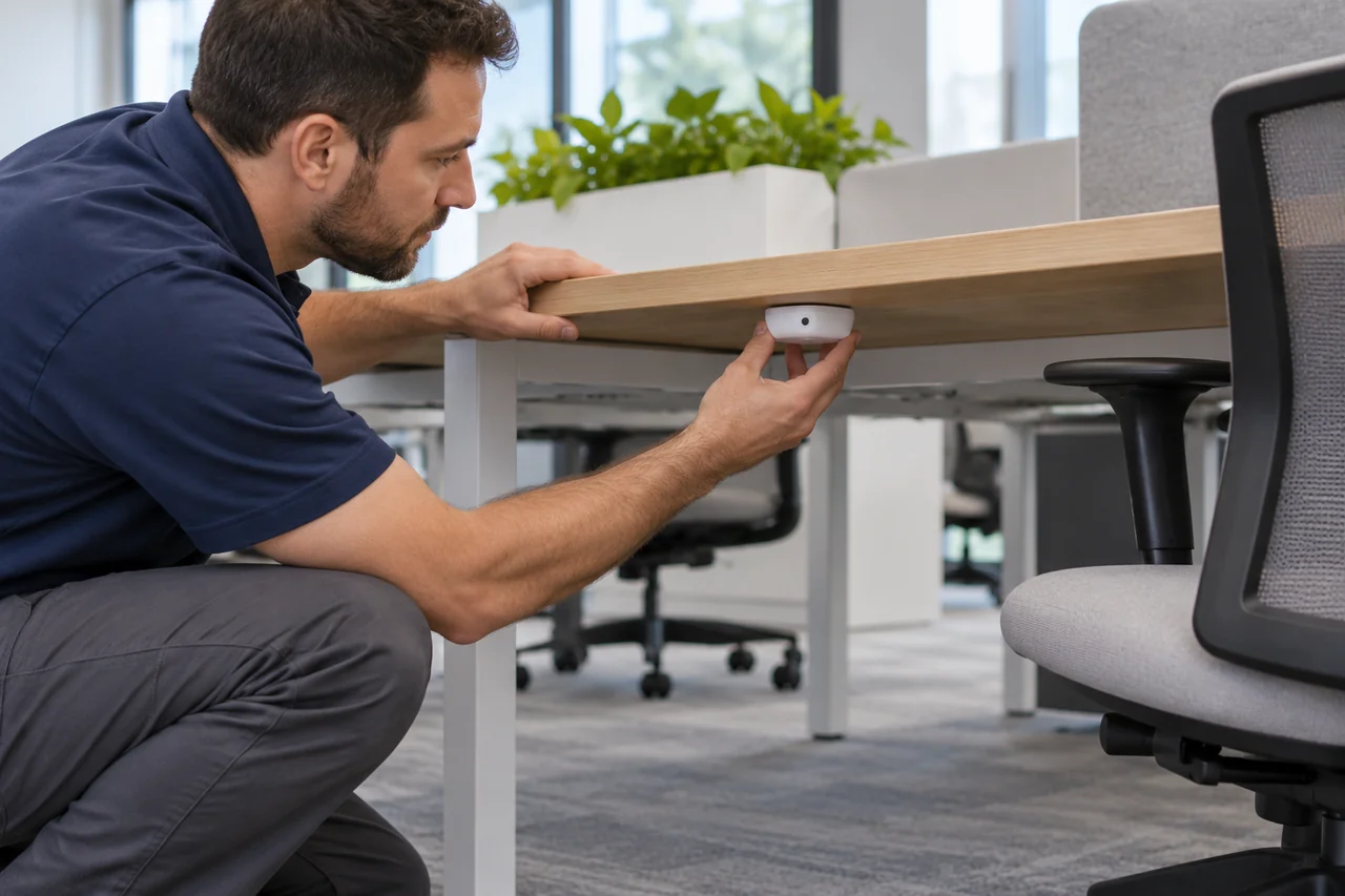 Conceptual illustration of a technician assessing a small sensor position beneath an office desk beside a vacant chair.