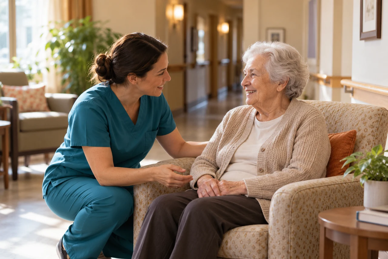 Conceptual scene of a care worker checking on an older adult seated comfortably in a residential-care lounge.