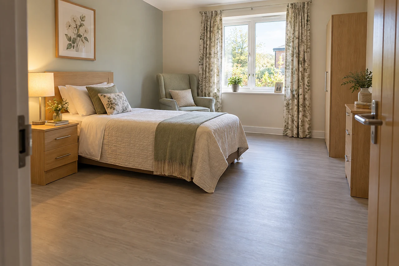 Conceptual residential-care bedroom with a low bed, supportive chair and clear bedside walking space.