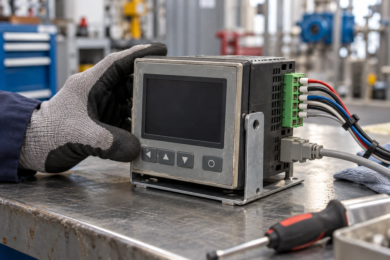 Conceptual illustration of an older panel-mount industrial controller with a blank display, wired terminals and an interface cable on a maintenance bench.