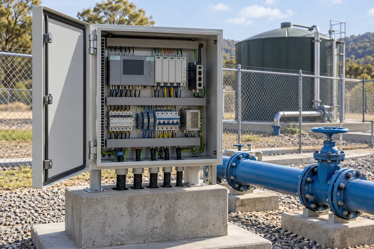 Conceptual illustration of an open controller cabinet with field wiring beside a water pipe and storage tank.