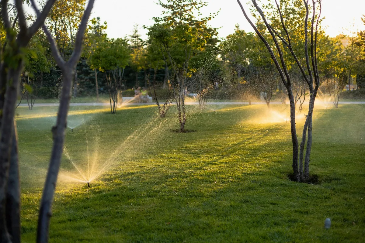 Sprinklers watering a landscaped lawn between trees.