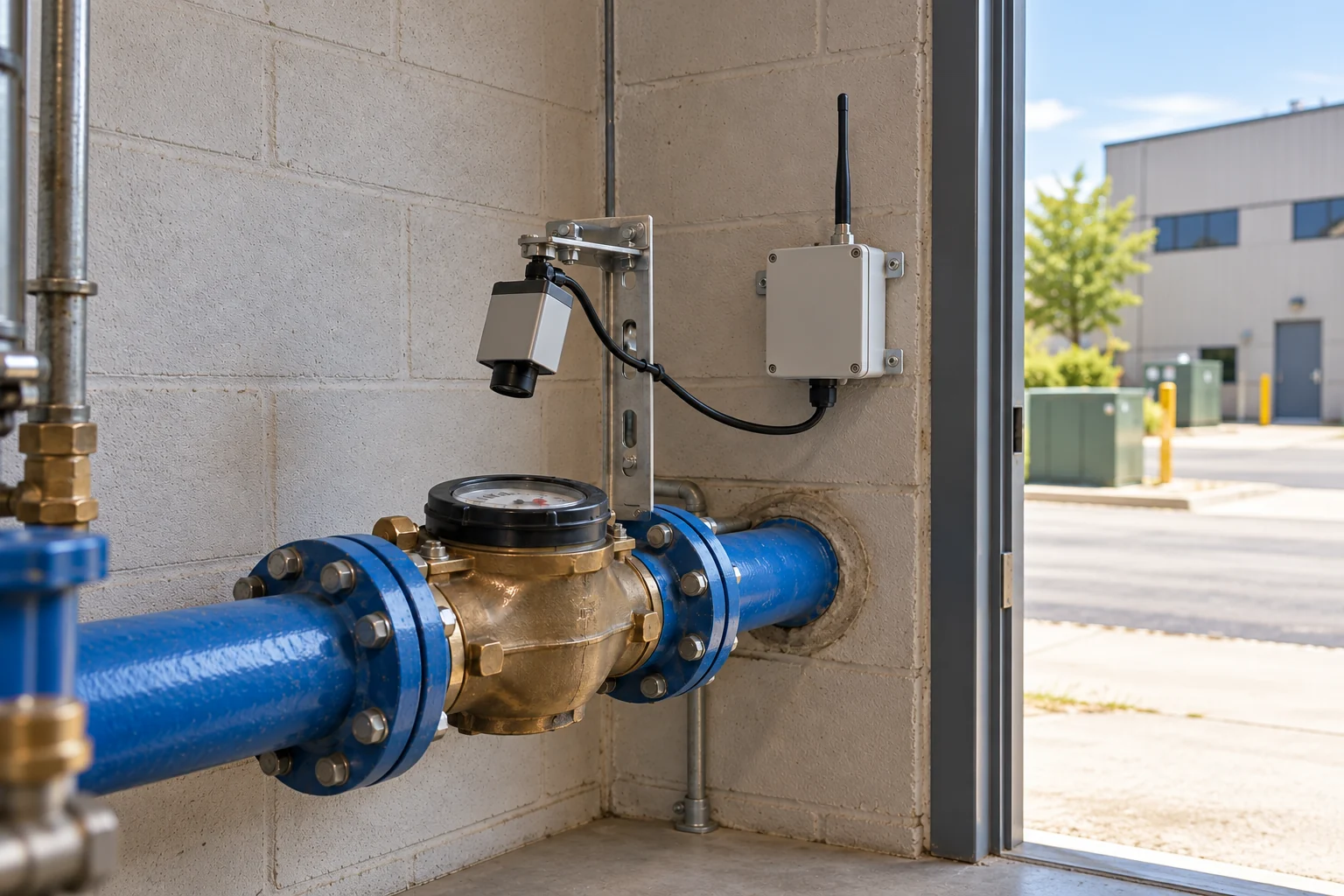 Conceptual scene of a camera aimed at a water meter and connected to a radio enclosure beside an industrial service yard.