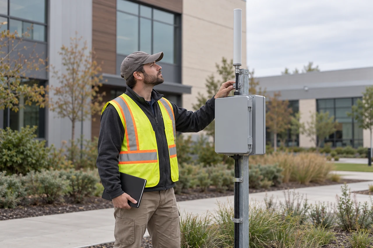 Conceptual scene of a field technician inspecting an antenna mounting beside a weatherproof enclosure at a commercial campus.
